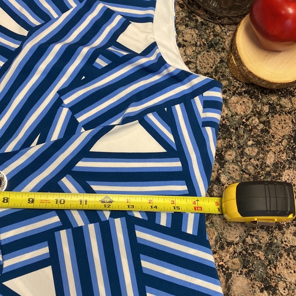 NWOT Ivanka Trump blue white geometric stripe faux wrap sheath, size M - Picture 13 of 15